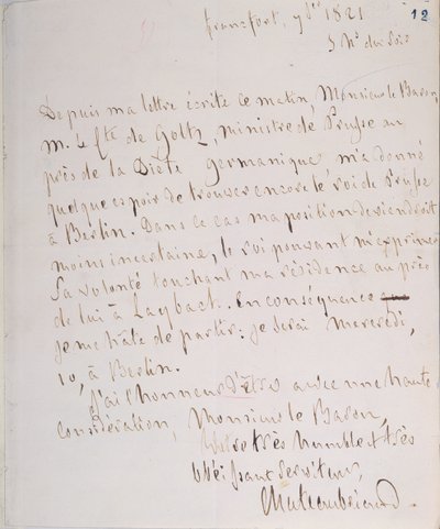 Letter with Signature of the Writer, Written at Frankfurt en Route to Chateaubriand